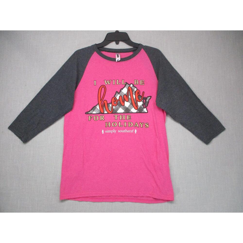 Simply Southern Pink Gray Graphic Casual 34 Sleeve Raglan Shirt Women Size M